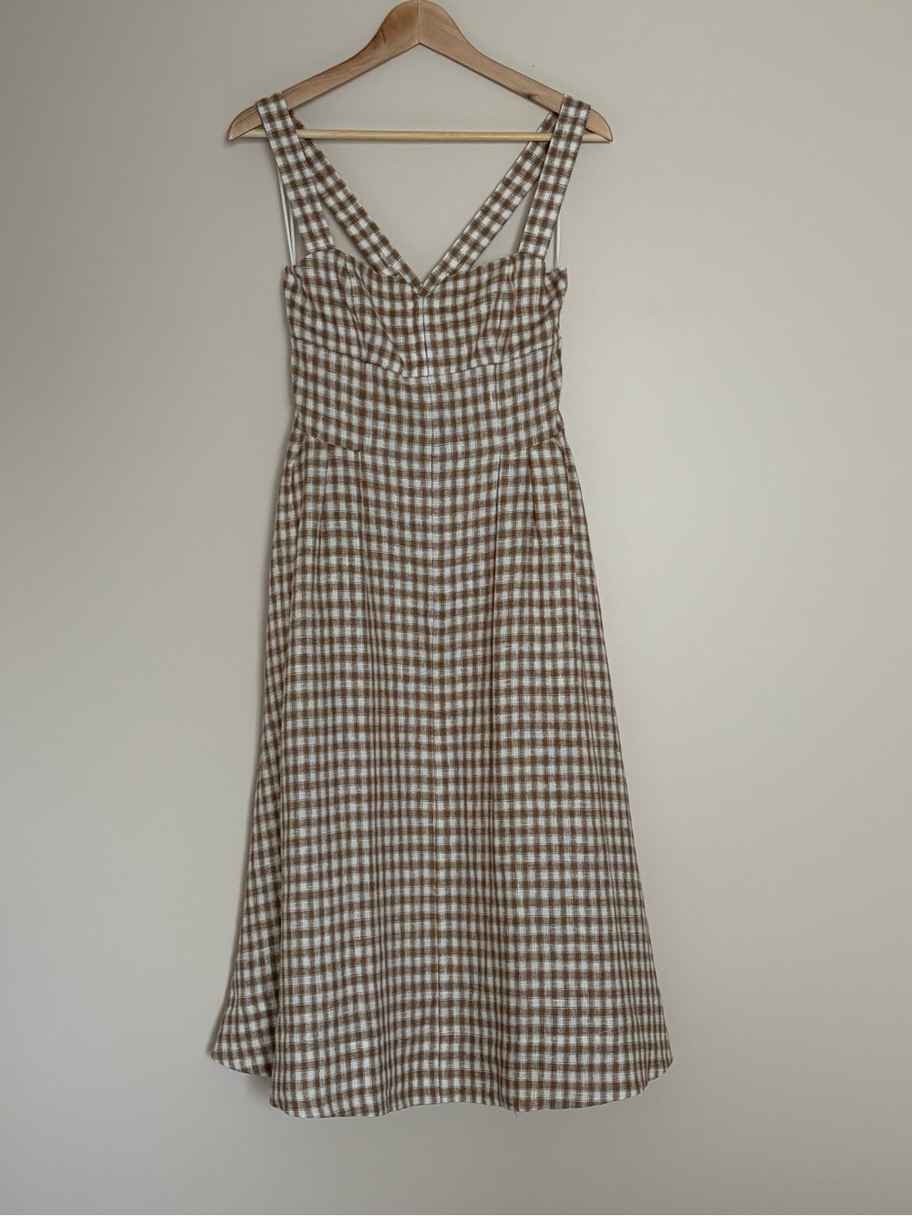 NEW Reformation Roma Midi Linen Dress Dunes Check Gingham Tan White | US 0 UK 4 - Picture 6 of 15